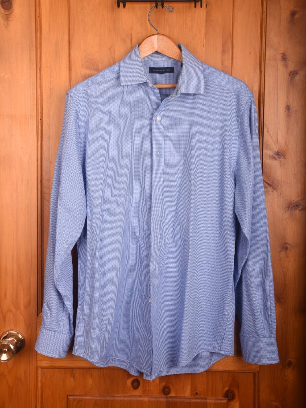 Tommy Hilfiger Men's Dress Shirt Light Blue Micro-Check Size 15 1/2 (32-33)